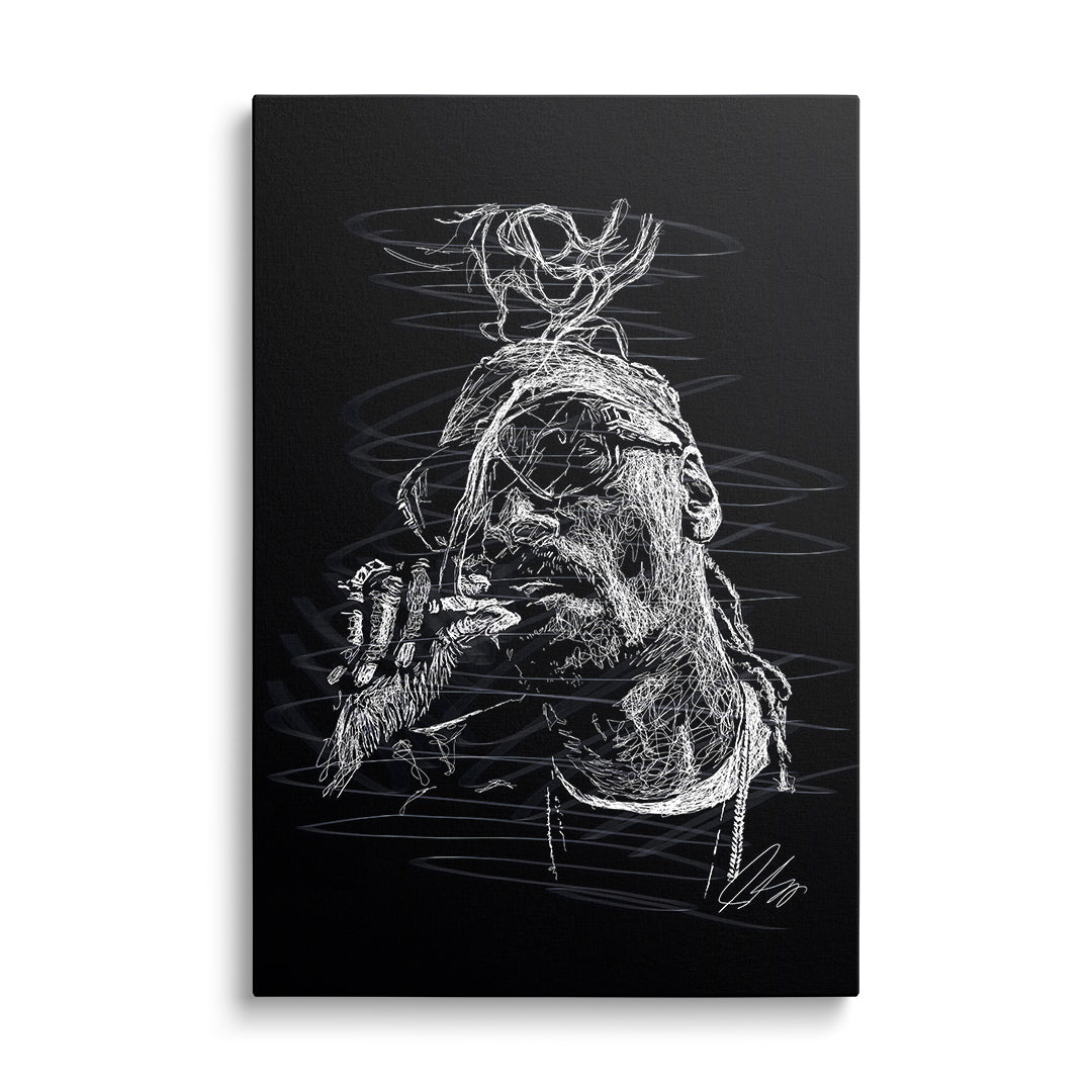 Moderní obraz na plátně s černobílým portrétem rappera ve street art pop art stylu zepředu