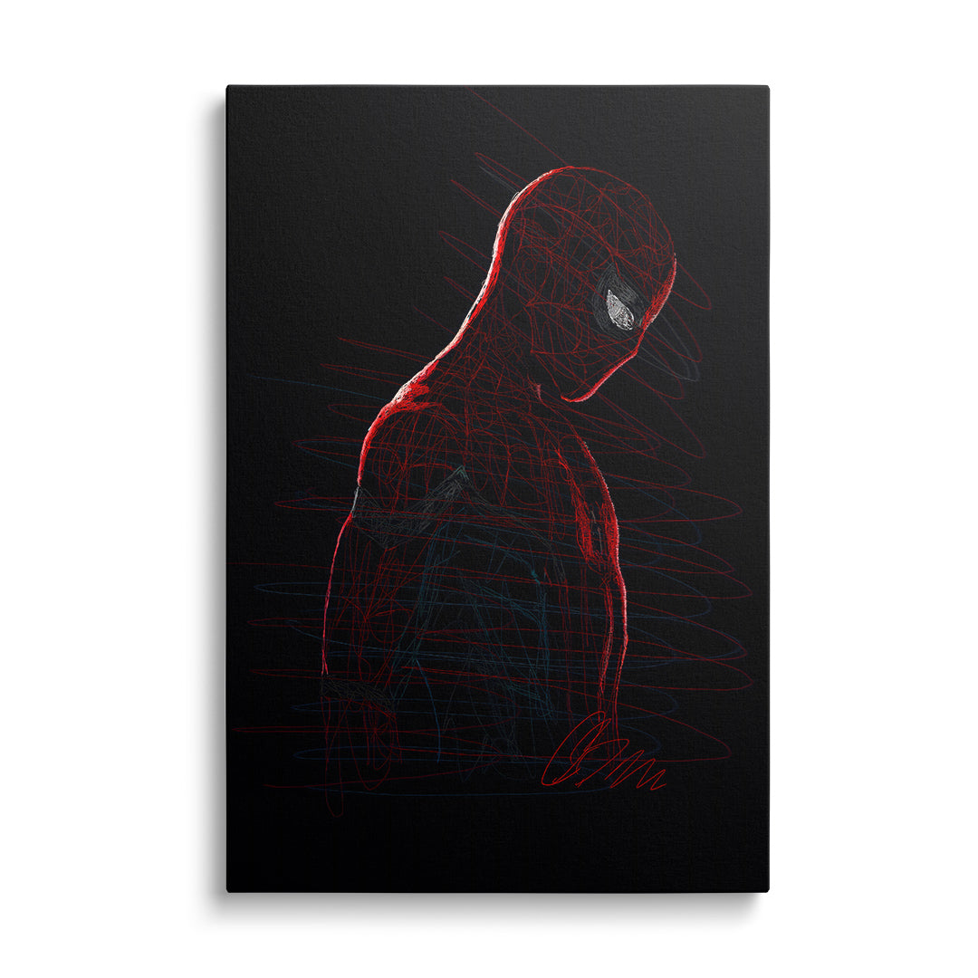 Pop art obraz na plátně s komiksovým portrétem superhrdiny v červeno-modré barvě, pohled zepředu