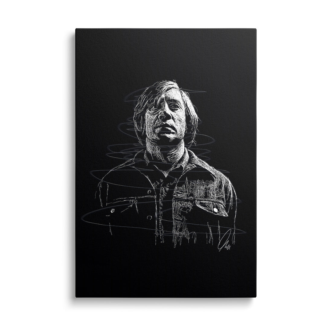 Moderní motivační obraz na plátně, minimalistická bílá line art silueta muže na černém pozadí, čelní pohled