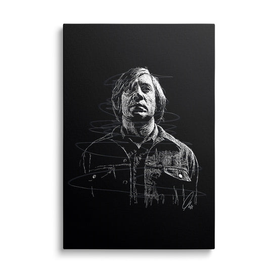 Moderní motivační obraz na plátně, minimalistická bílá line art silueta muže na černém pozadí, čelní pohled