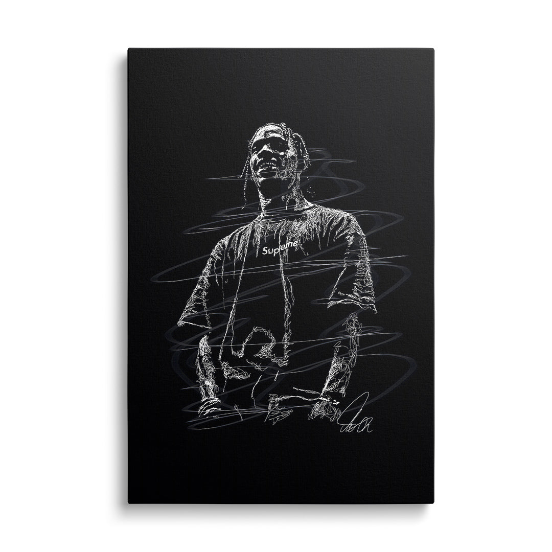 Moderní pop art obraz rappera ve street-art tušové kresbě v tričku Supreme na černém plátně