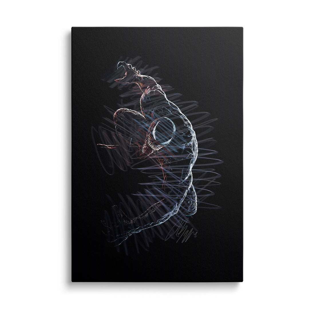 Moderní obraz na plátně s postavou Venoma v neonových liniích, street art dynamický pohyb zepředu