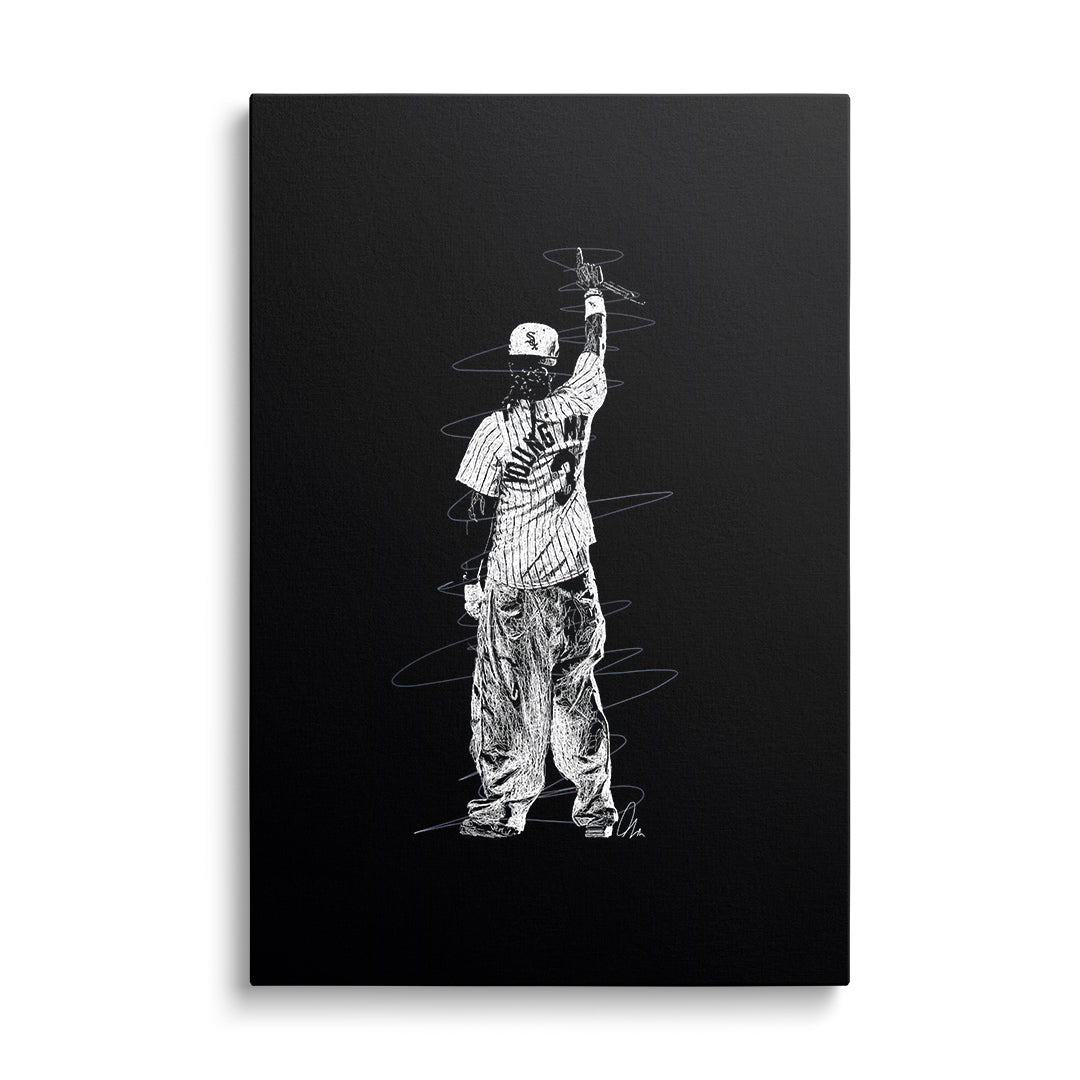 Motivační obraz na plátně s lineární ilustrací rappera v baseballovém dresu na černém pozadí, pohled zepředu