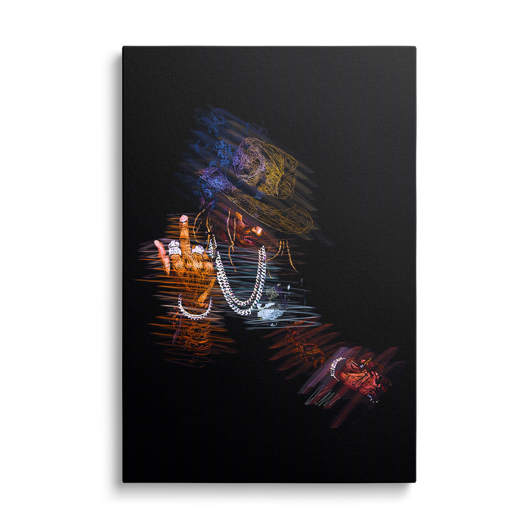 Pop art obraz rappera v klobouku a řetězech, neonový street art portrét, moderní obraz na zeď