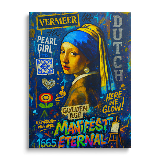 Pop art obraz ženy s perlovou náušnicí, graffiti a street art prvky, moderní obraz na zeď, čelní pohled