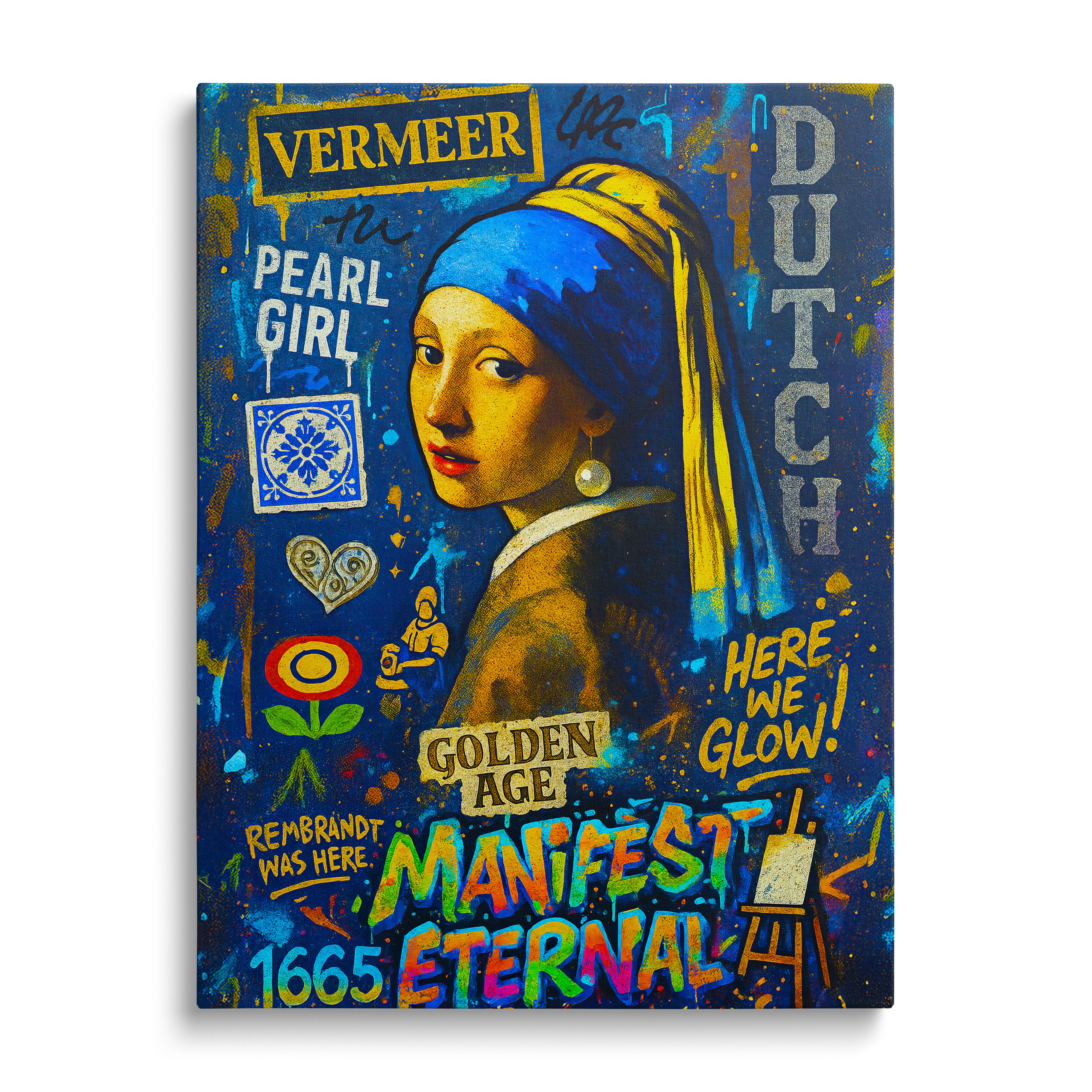 Pop art obraz ženy s perlovou náušnicí, graffiti a street art prvky, moderní obraz na zeď, čelní pohled