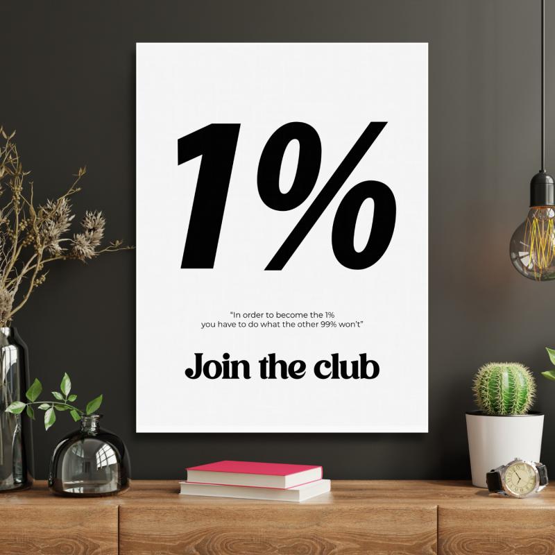 Motivační plakát 1 % v černobílém minimalistickém designu do pracovny, moderní obraz s citátem o úspěchu