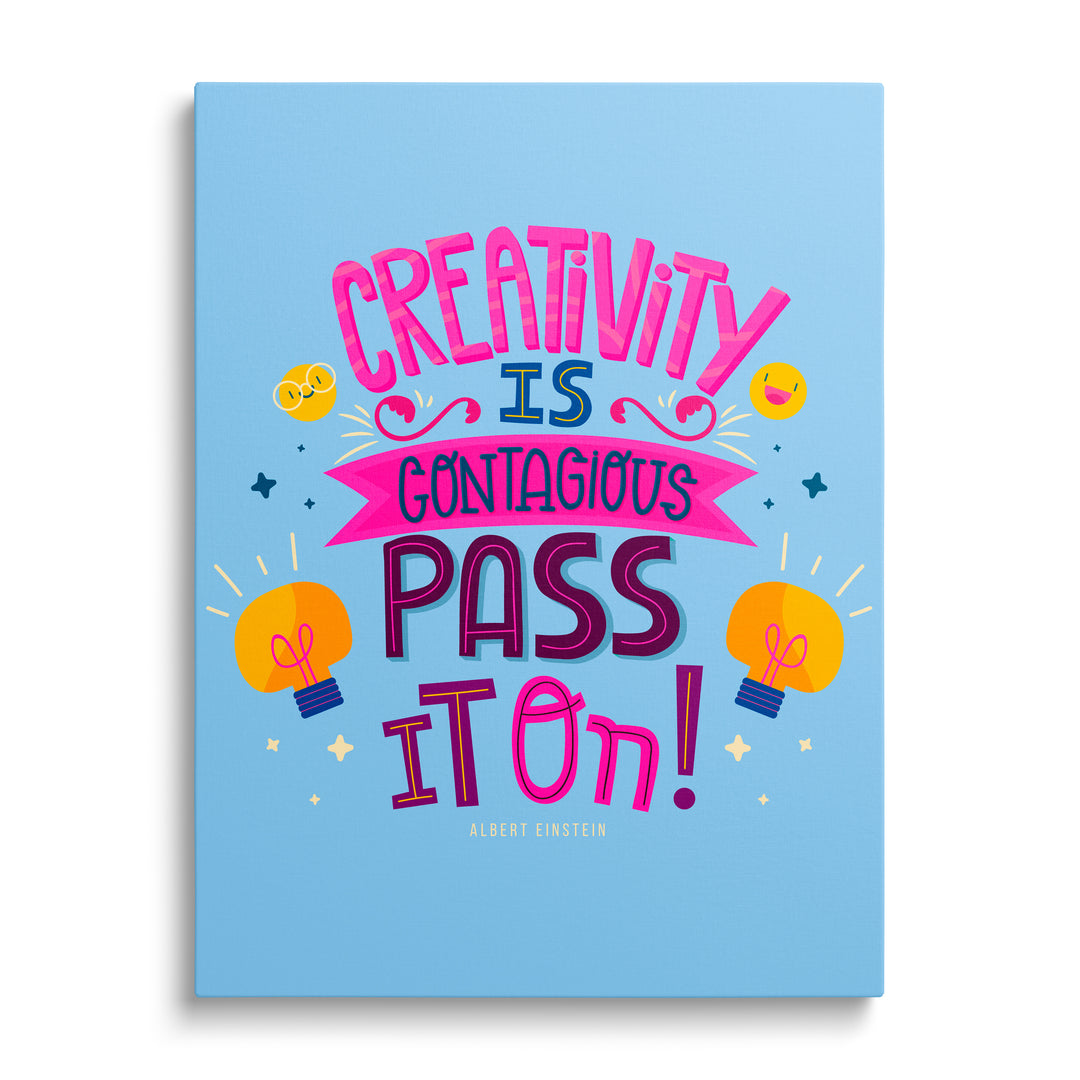 Motivační obraz na plátně s anglickým citátem a barevnými svítícími žárovkami, čelní pohled