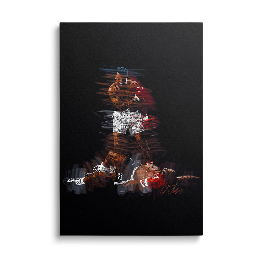 Motivační pop art obraz na zeď s boxerskou siluetou vítěze nad poraženým soupeřem na černém pozadí