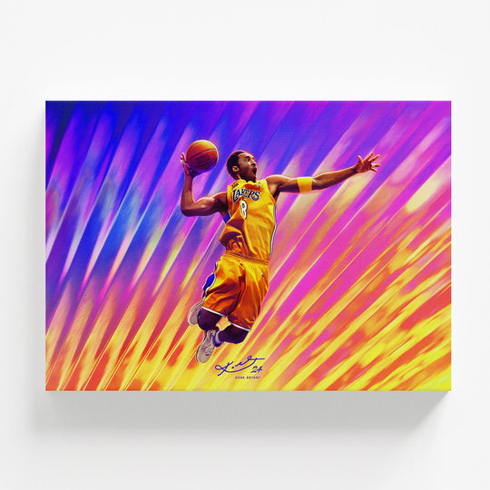 Motivační obraz na zeď s basketbalistou ve výskoku v dynamickém pop art stylu, pohled zepředu