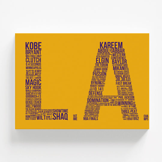 Motivační obraz na zeď, čelní pohled na moderní basketbalovou typografii Lakers LA v purpurové a zlaté