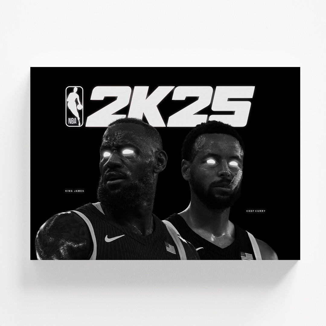 Pop art obraz s basketbalovými legendami, černobílý street art motiv, zářící oči, motivační obraz na zeď