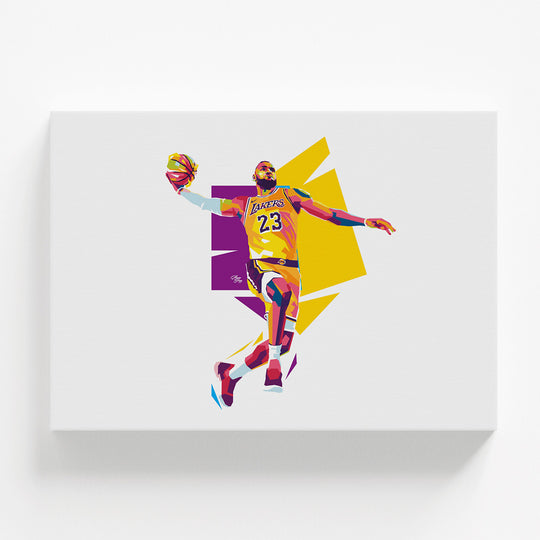 Pop art obraz na zeď s abstraktním basketbalistou v žlutém dresu Lakers, moderní sportovní motiv