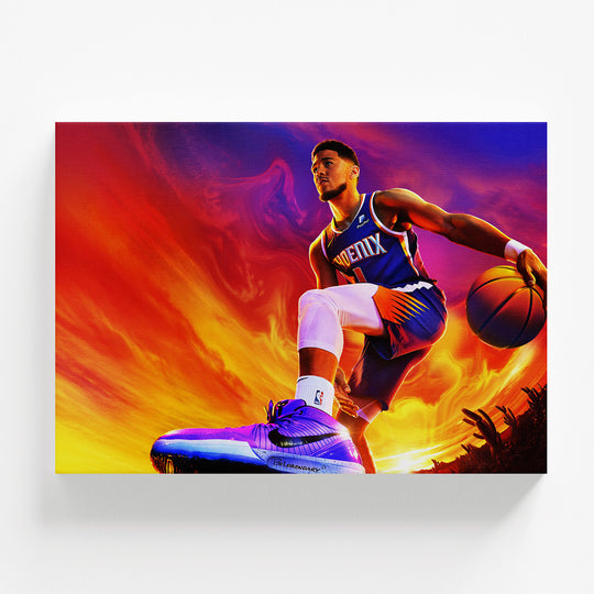 Motivační obraz basketbalisty v akci na plamenném pop art pozadí, obraz zepředu.