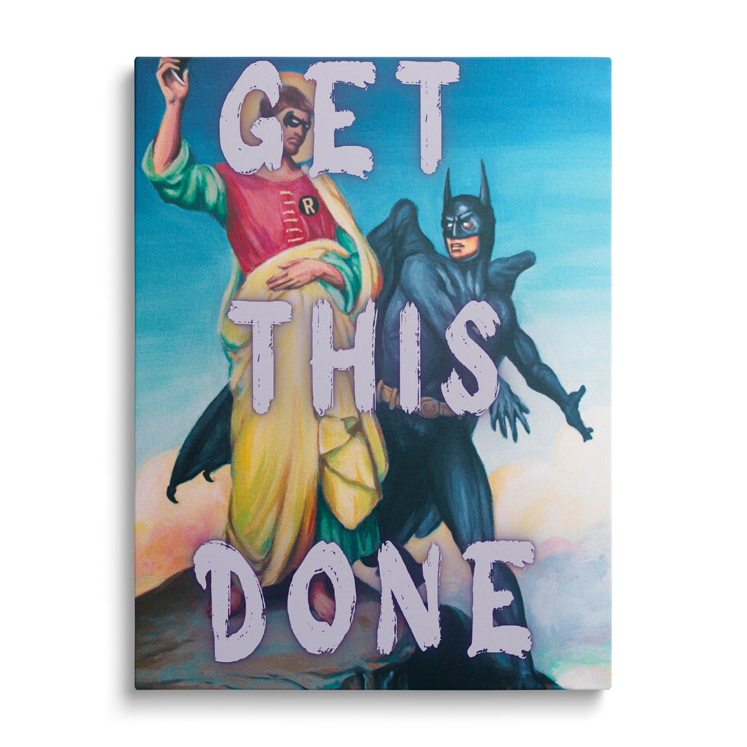 Motivační obraz na plátně s Batmanem a Robinem zepředu a výrazným nápisem GET THIS DONE