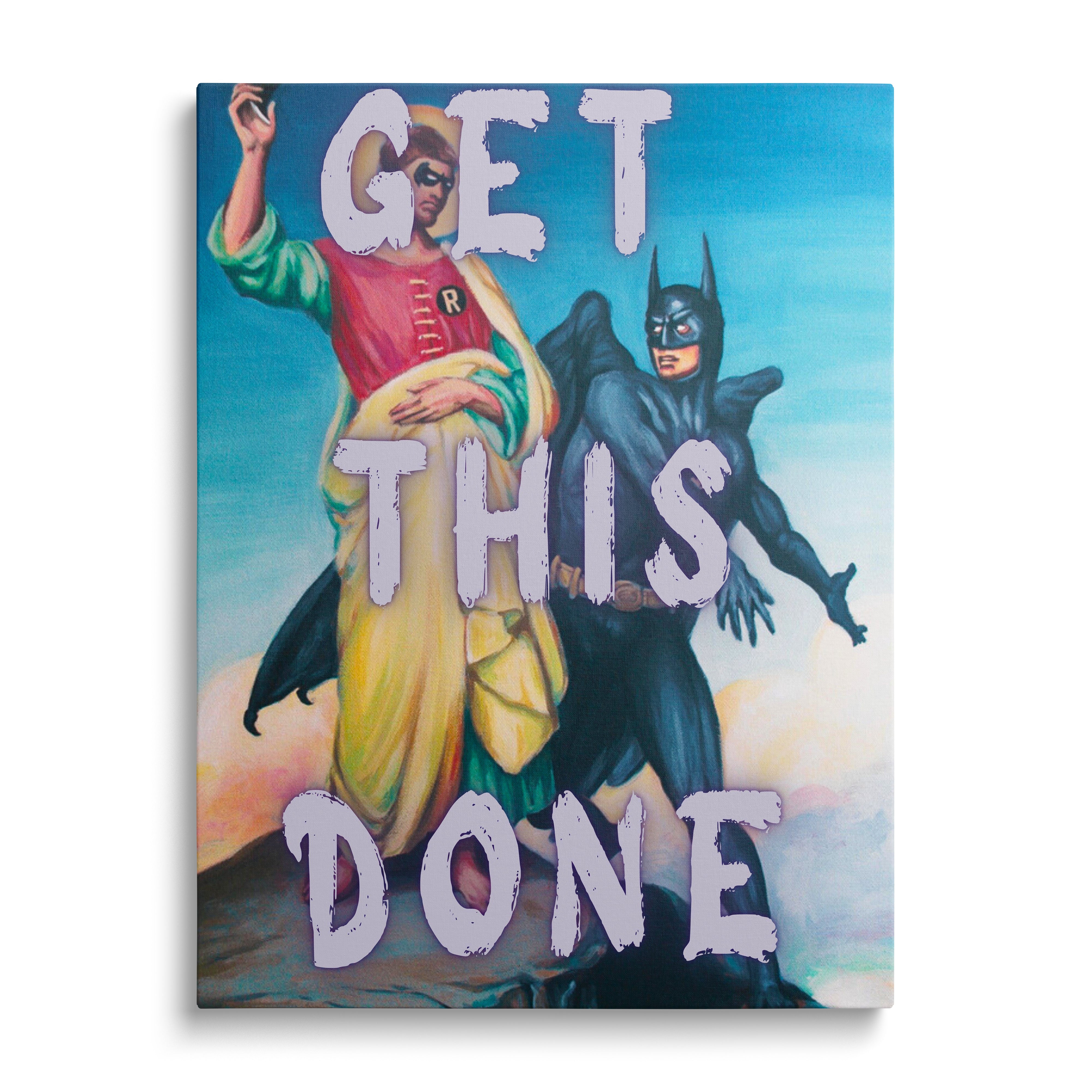 Motivační obraz na plátně s Batmanem a Robinem zepředu a výrazným nápisem GET THIS DONE