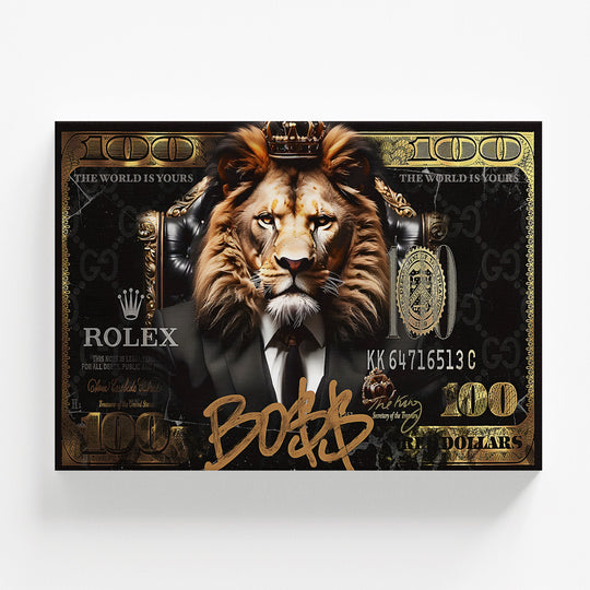 Pop art obraz na zeď s královským lvem v obleku, dolarovým motivem a luxusními prvky, pohled zepředu