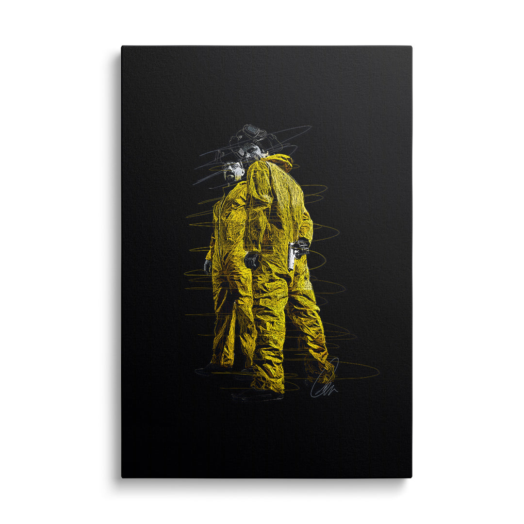 Motivační obraz na zeď: dvojice v žlutých ochranných oblecích s plynovými maskami a pistolí, frontální pohled