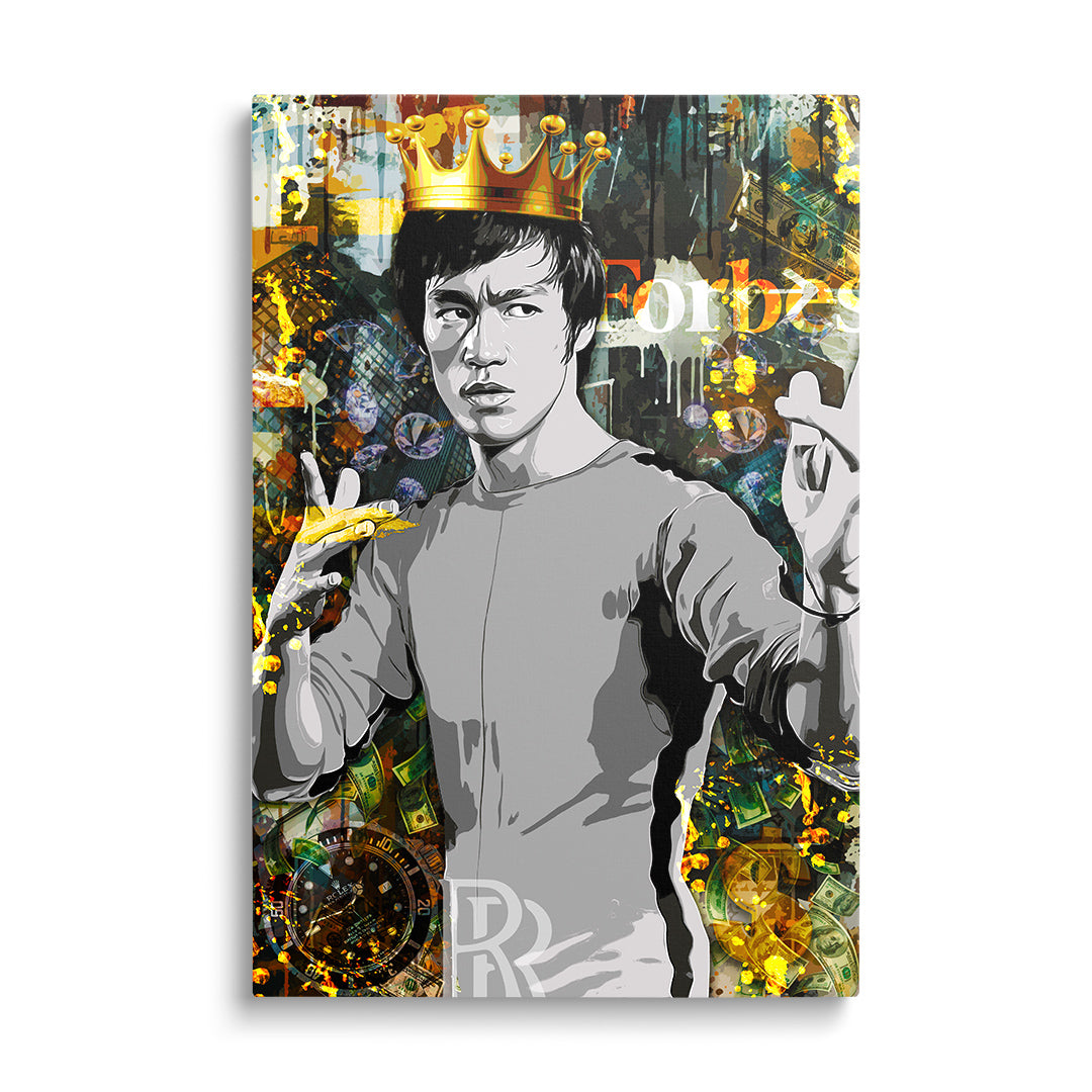 Motivační pop art obraz na zeď s postavou v bojovém postoji, zlatou korunou, koláží peněz a luxusních hodinek