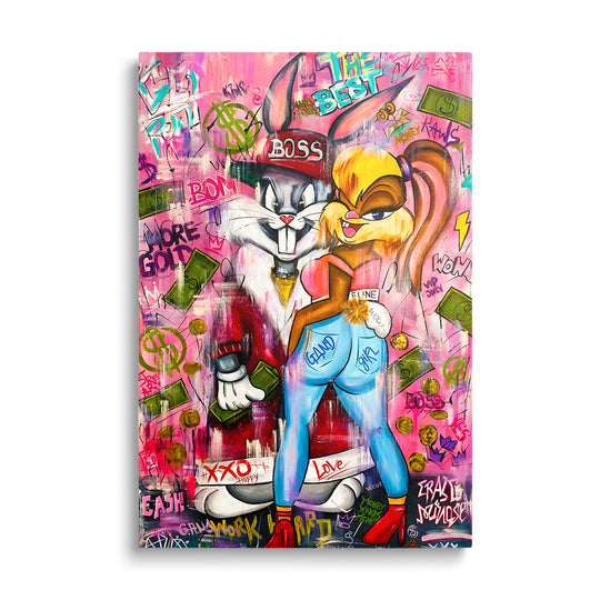 Motivační pop art obraz na plátně s Bugs Bunny a Lola Bunny ve graffiti stylu s dolary, přední pohled