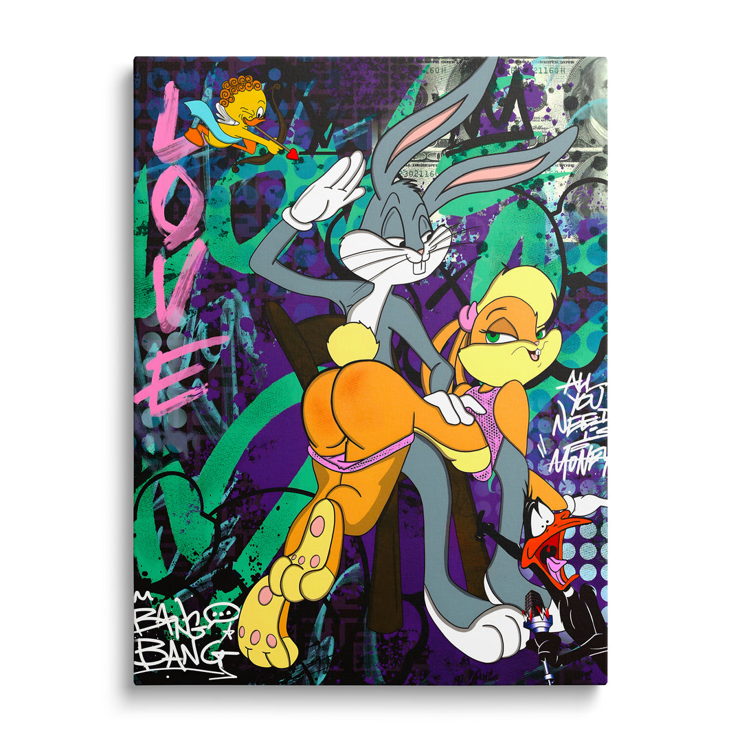 Motivační obraz na plátně s Bugs Bunnym, Lolou Bunny a šokovaným Daffym Duckem v barevném pop art graffiti stylu