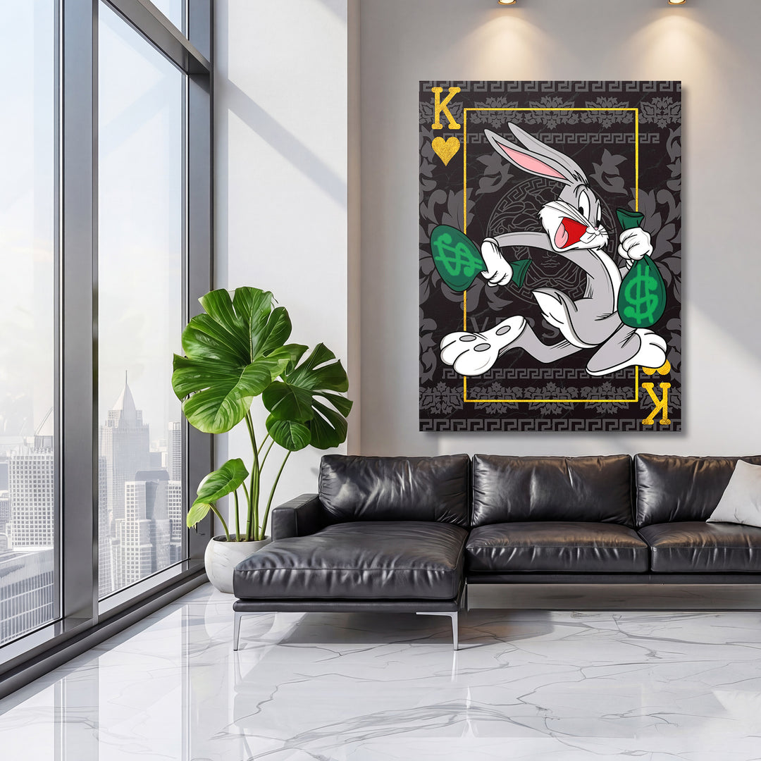 Motivační obraz Bugs Bunny s pytli peněz v moderním obývacím pokoji.