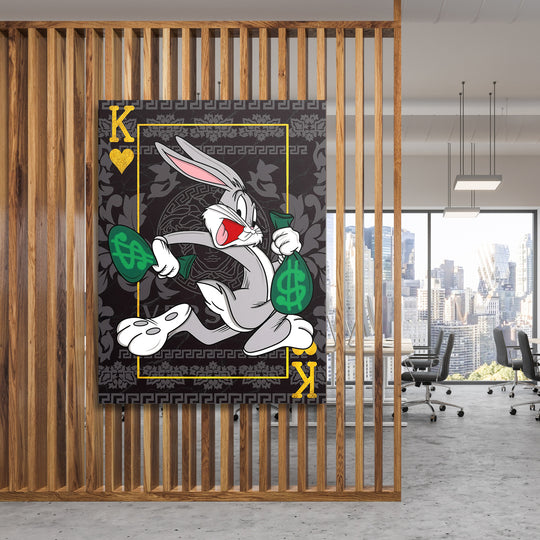 Motivační obraz Bugs Bunny na dřevěné stěně.