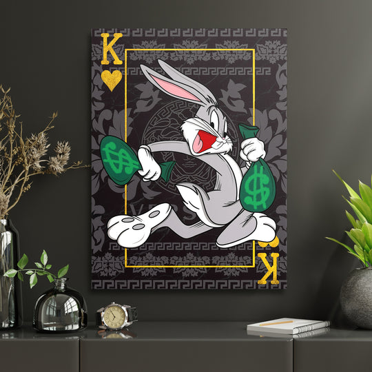 Detail motivu Bugs Bunny s pytlem peněz.