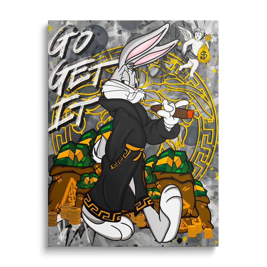 Motivační pop art obraz na plátně s Bugs Bunnym zepředu, v pozadí hromady dolarových bankovek