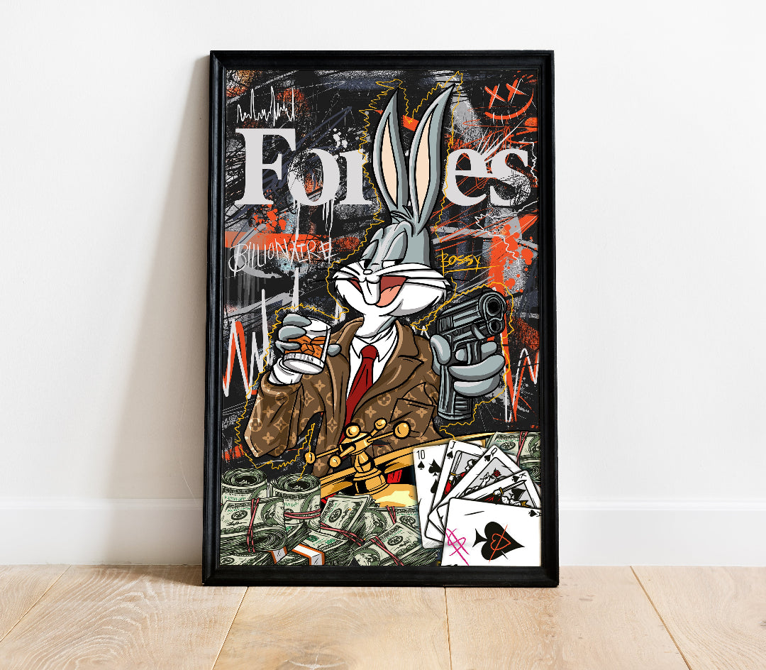 Pop art obraz Bugs Bunny v luxusním obleku s pistolí, whisky a hromadou peněz, frontální motiv na zeď