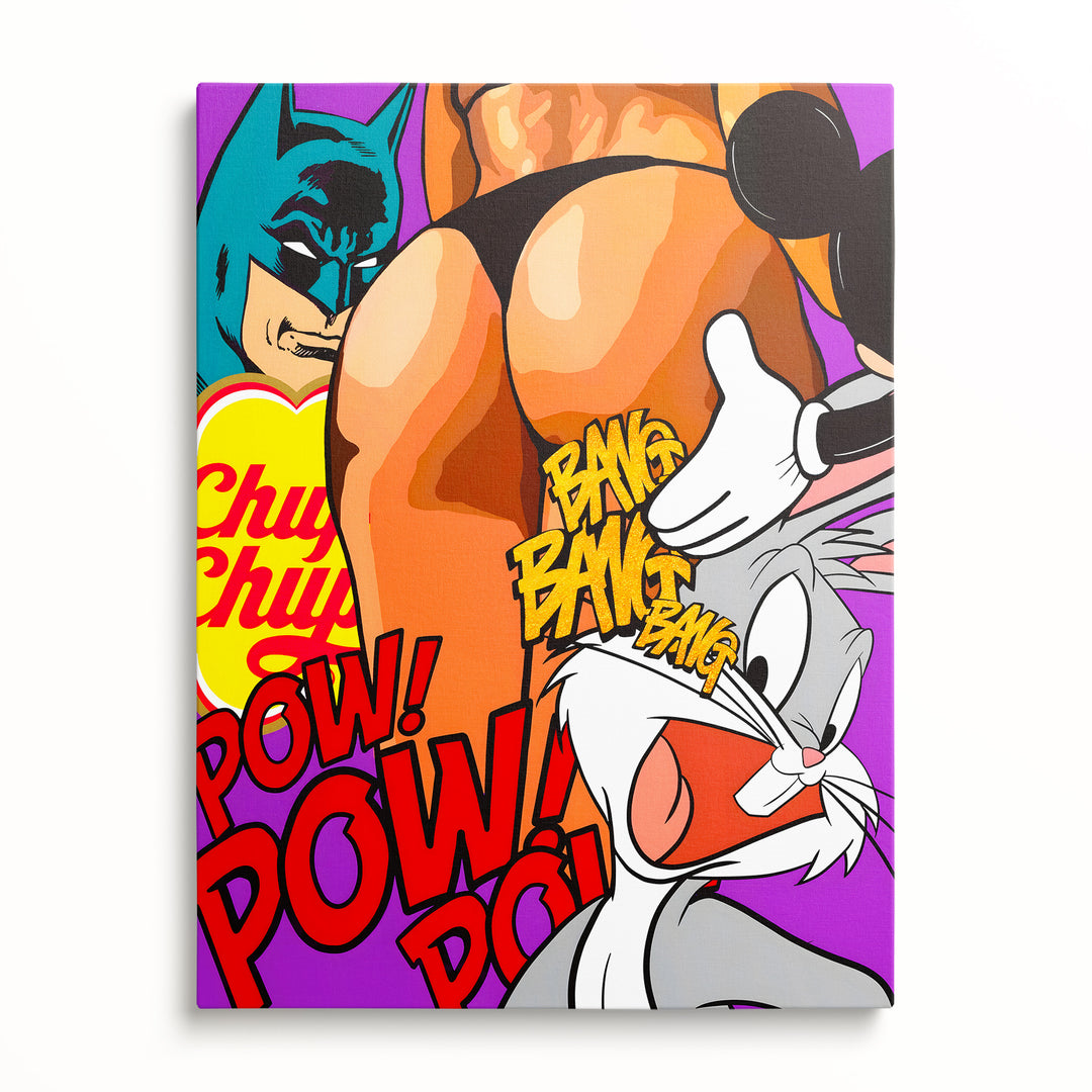 Motivační obraz Bugs Bunny s komiksovými nápisy POW a BANG BANG BANG – pohled zepředu.