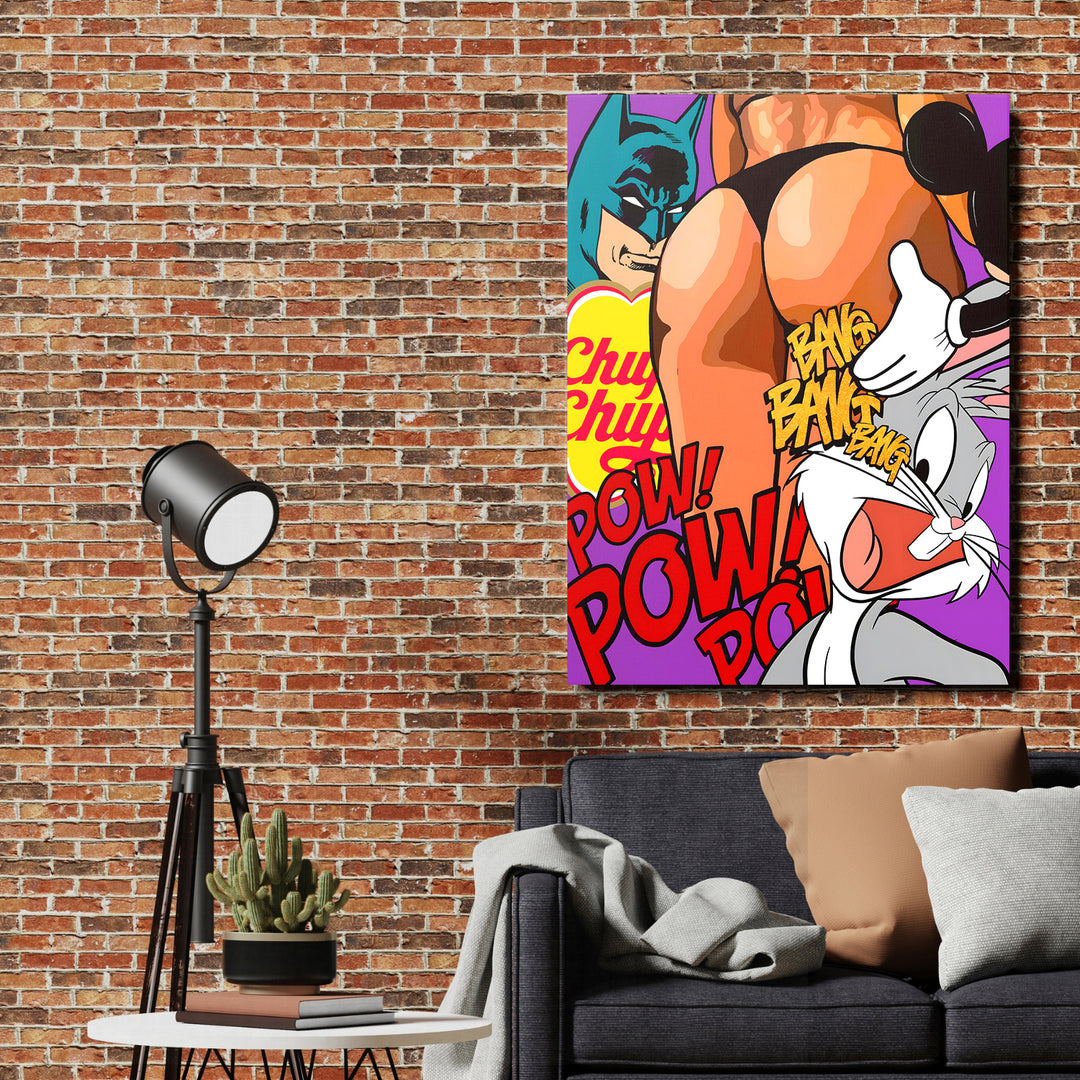 Motivační obraz Bugs Bunny na cihlové stěně v moderním prostoru.