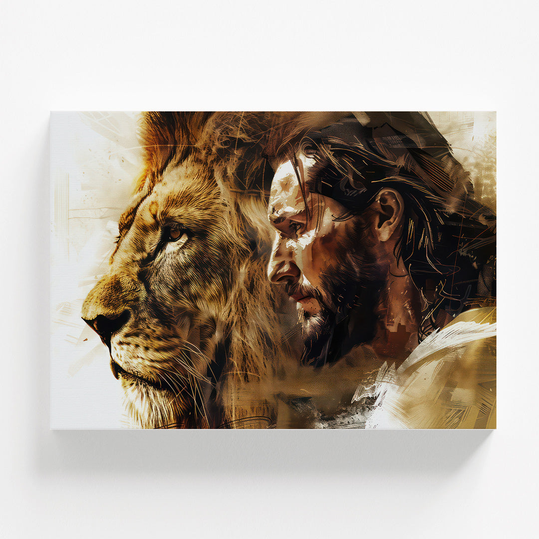 Luxusní motivační obraz na zeď, detail front-view, abstraktní splynutí lva a mužské tváře v teplých zlatých tónech