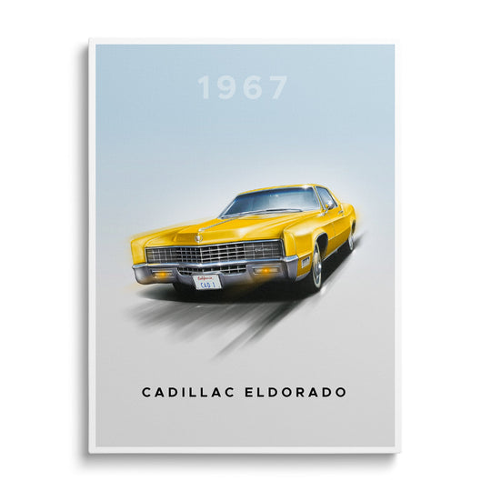 Motivační obraz na plátně se žlutým vintage Cadillacem Eldorado 1967 z čelního pohledu