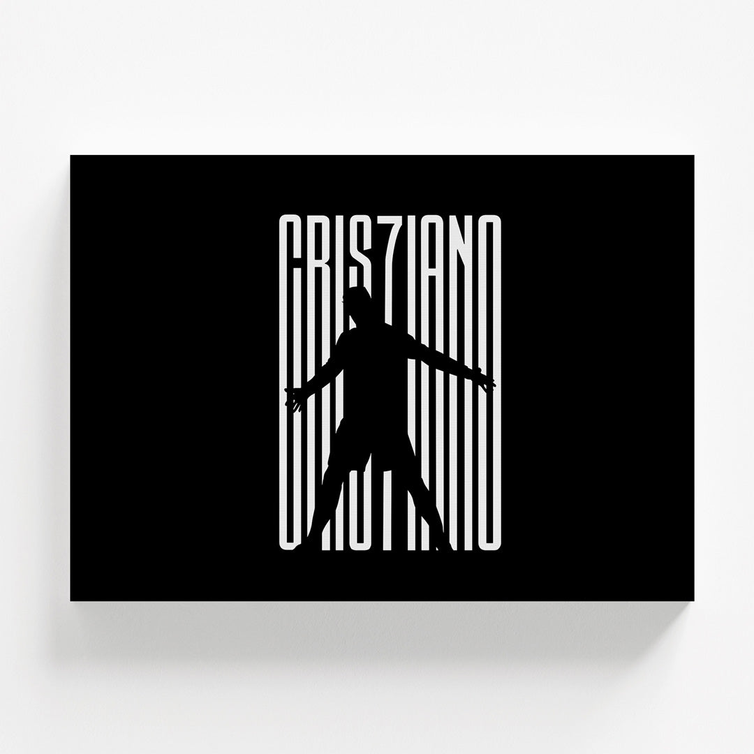 Motivační obraz na zeď s minimalistickou siluetou fotbalisty a nápisem CRISTIANO zepředu