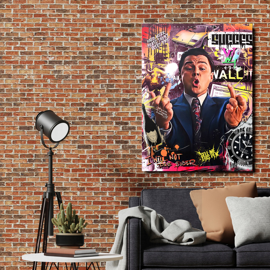 Pop art obraz DiCapria s býkem, luxusním autem a graffiti jako motivační obraz na plátně v obýváku