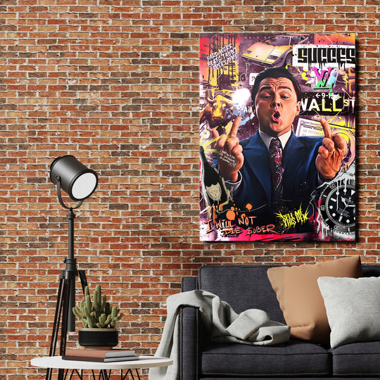 Pop art obraz DiCapria s býkem, luxusním autem a graffiti jako motivační obraz na plátně v obýváku