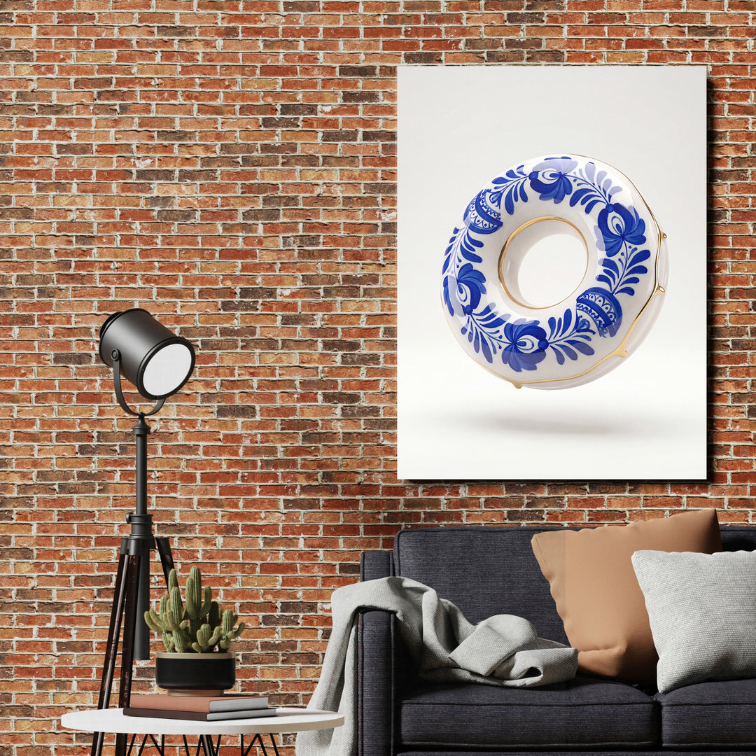 Moderní obraz na plátně s modrobílým porcelánovým motivem nad pohovkou na cihlové zdi