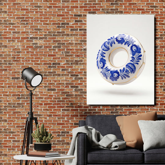 Moderní obraz na plátně s modrobílým porcelánovým motivem nad pohovkou na cihlové zdi