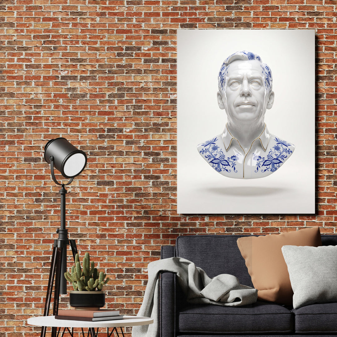 Pop art obraz na zeď, porcelánová busta s modrými květinovými vzory v industriálním obýváku