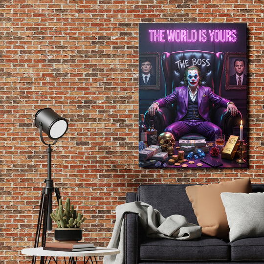 Motivační obraz na plátně Joker v obleku, neonový motivační citát a hromada dolarů v luxusním interiéru