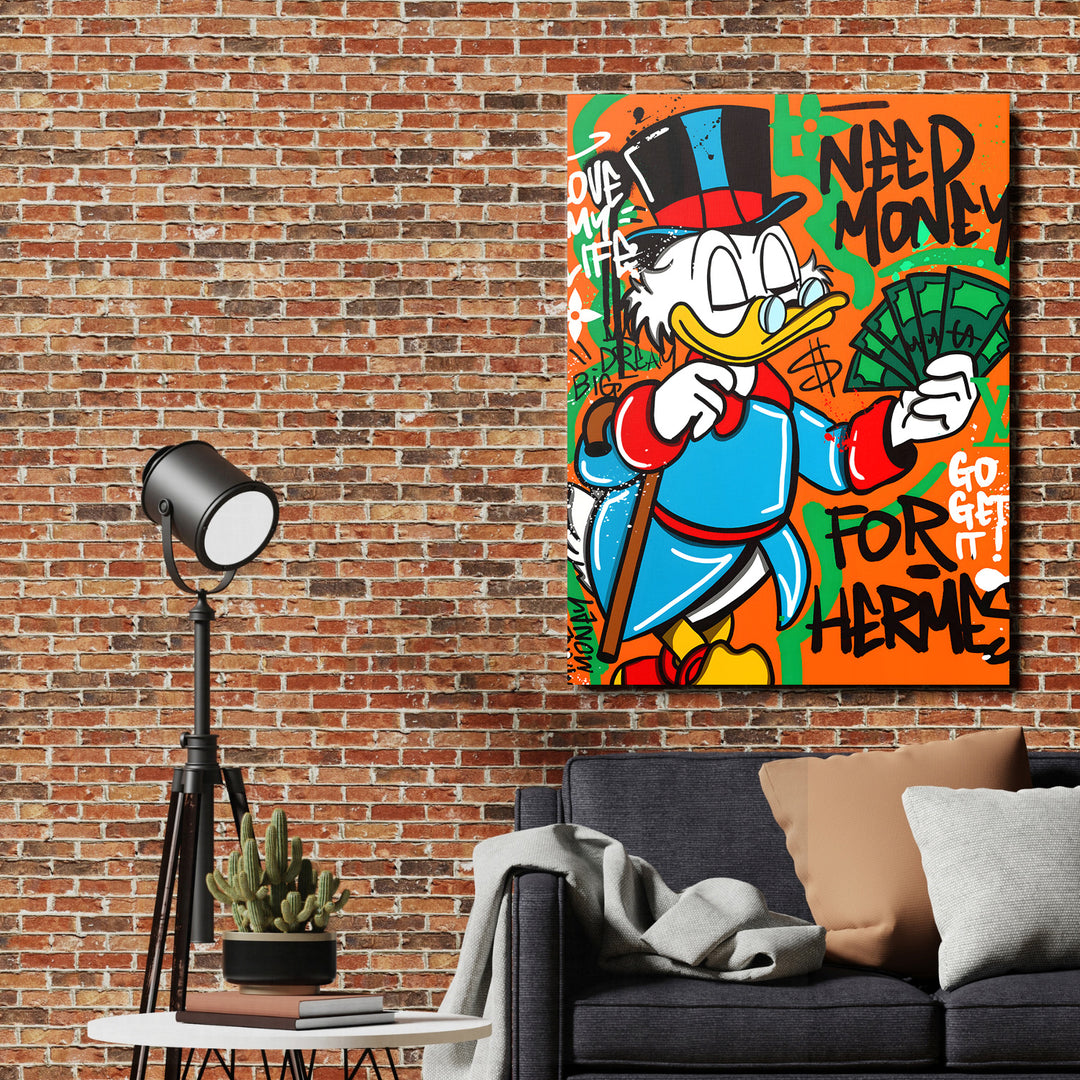 Pop art obraz Kačer Skrblík s bankovkami, motivační obraz na plátně v obývacím pokoji ve street art stylu