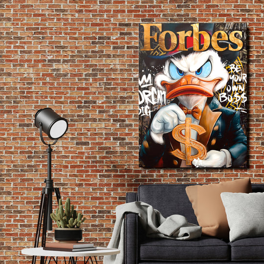 Pop art obraz Kačer Skrblík se zlatým dolarem a nápisem Be Your Own Boss jako motivační obraz do obýváku