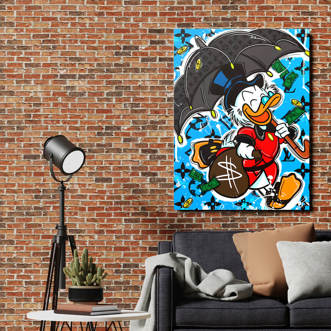 Pop art obraz na plátně: kačer v obýváku pod luxusním deštníkem, kolem něj létají dolary