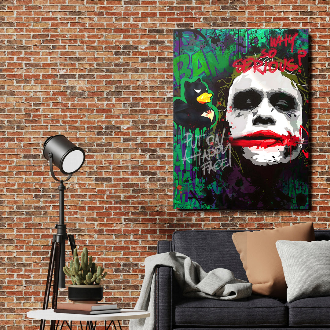 Moderní obraz na plátně do obýváku se street art portrétem Jokera, gumovou kačkou a graffiti nápisem pop art styl