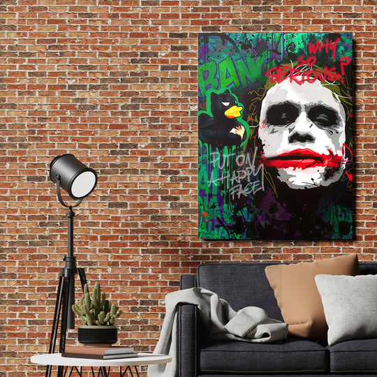 Moderní obraz na plátně do obýváku se street art portrétem Jokera, gumovou kačkou a graffiti nápisem pop art styl