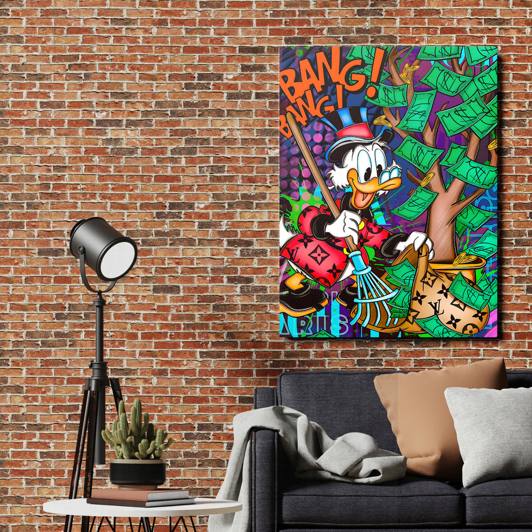 Pop art obraz na plátně s kačerem a padajícími bankovkami jako moderní obraz do obývacího pokoje