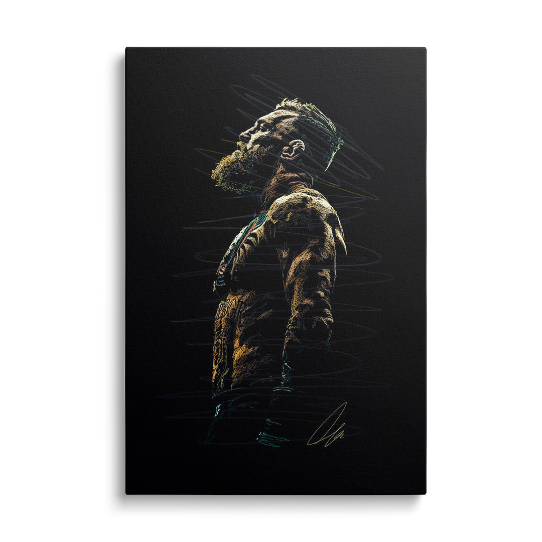 Motivační obraz na plátně s barevnou liniovou siluetou bojovníka na černém pozadí, moderní minimalistický styl