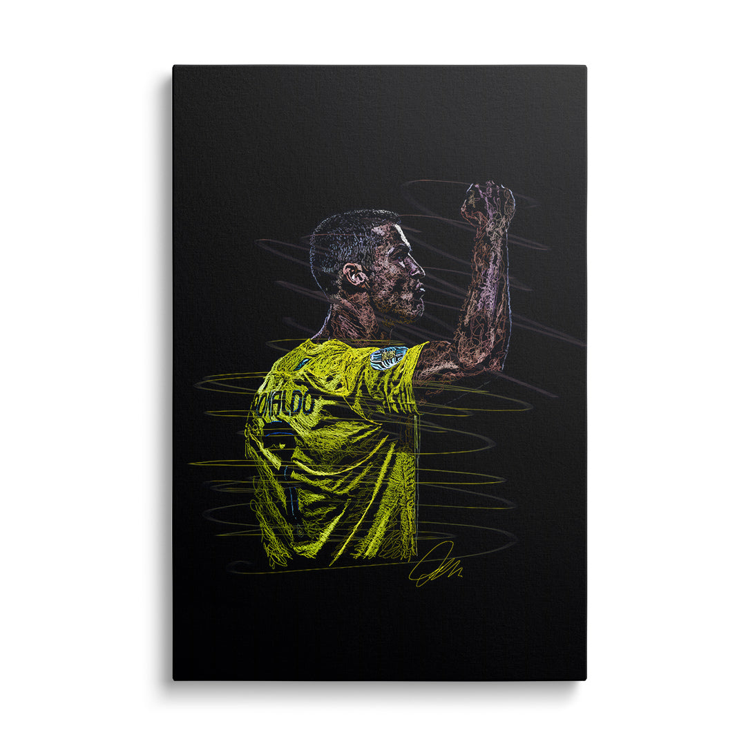 Pop art obraz fotbalisty zvedajícího pěst v neonovém žluto-černém provedení, moderní obraz na plátně