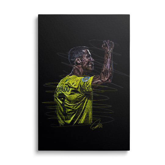 Pop art obraz fotbalisty zvedajícího pěst v neonovém žluto-černém provedení, moderní obraz na plátně
